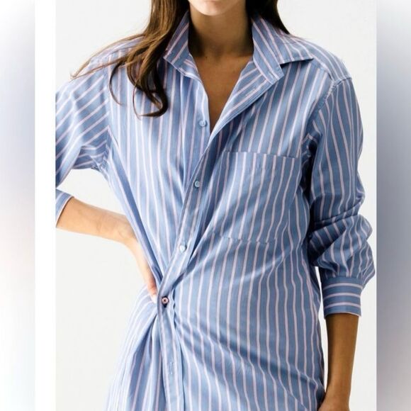 WEAR CISCO Midi Shirt Dress Button Down White Blue Stripe Size M / L - Picture 2 of 13